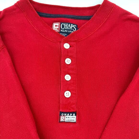 Chaps by Ralph Lauren VTG 90s Red Ribbed Henley Shirt High-Low Hem Mens Size XL - Picture 5 of 8